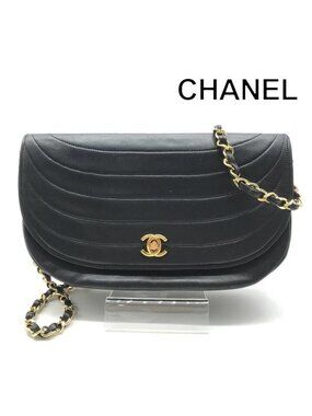 Chanel CC Logo Lambskin Half Moon Turnlock Chain Shoulder Bag Black